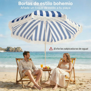 Sombrilla de Playa con Flecos Ø180 cm, Sombrilla de Terraza Exterior con Altura Ajustable, Inclinación 30°, Anclaje Arena y Bolsa de Transporte, Azul y Blanco