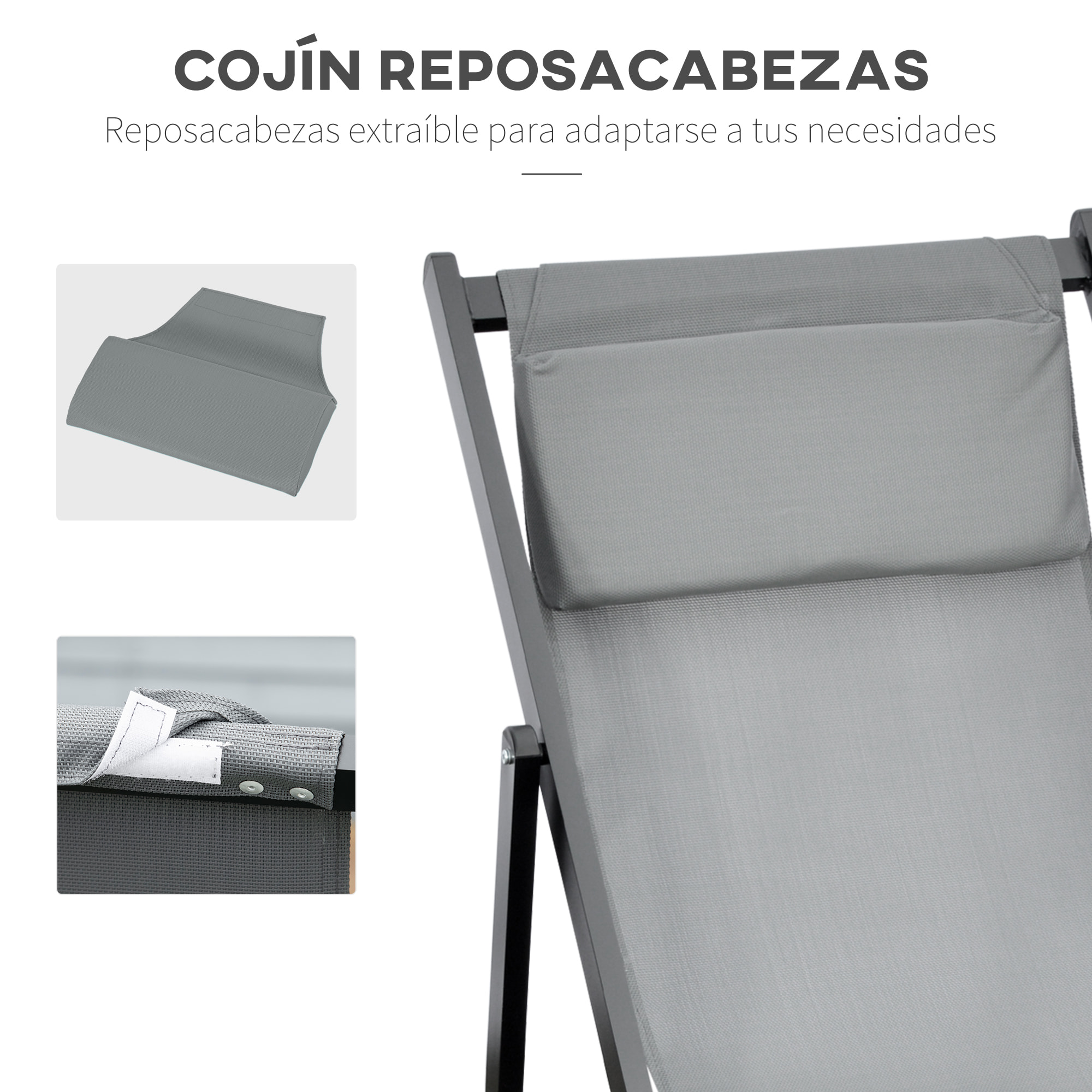 Conjunto de 2 Tumbonas Plegables de Aluminio Tumbonas de Jardín con Respaldo Regulable en 5 Posiciones y Reposacabezas para Terraza Patio Exterior 60x100x85 cm Gris