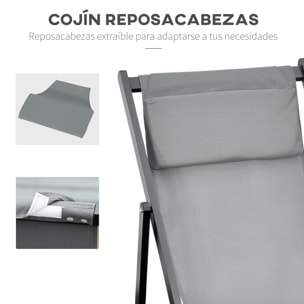 Conjunto de 2 Tumbonas Plegables de Aluminio Tumbonas de Jardín con Respaldo Regulable en 5 Posiciones y Reposacabezas para Terraza Patio Exterior 60x100x85 cm Gris