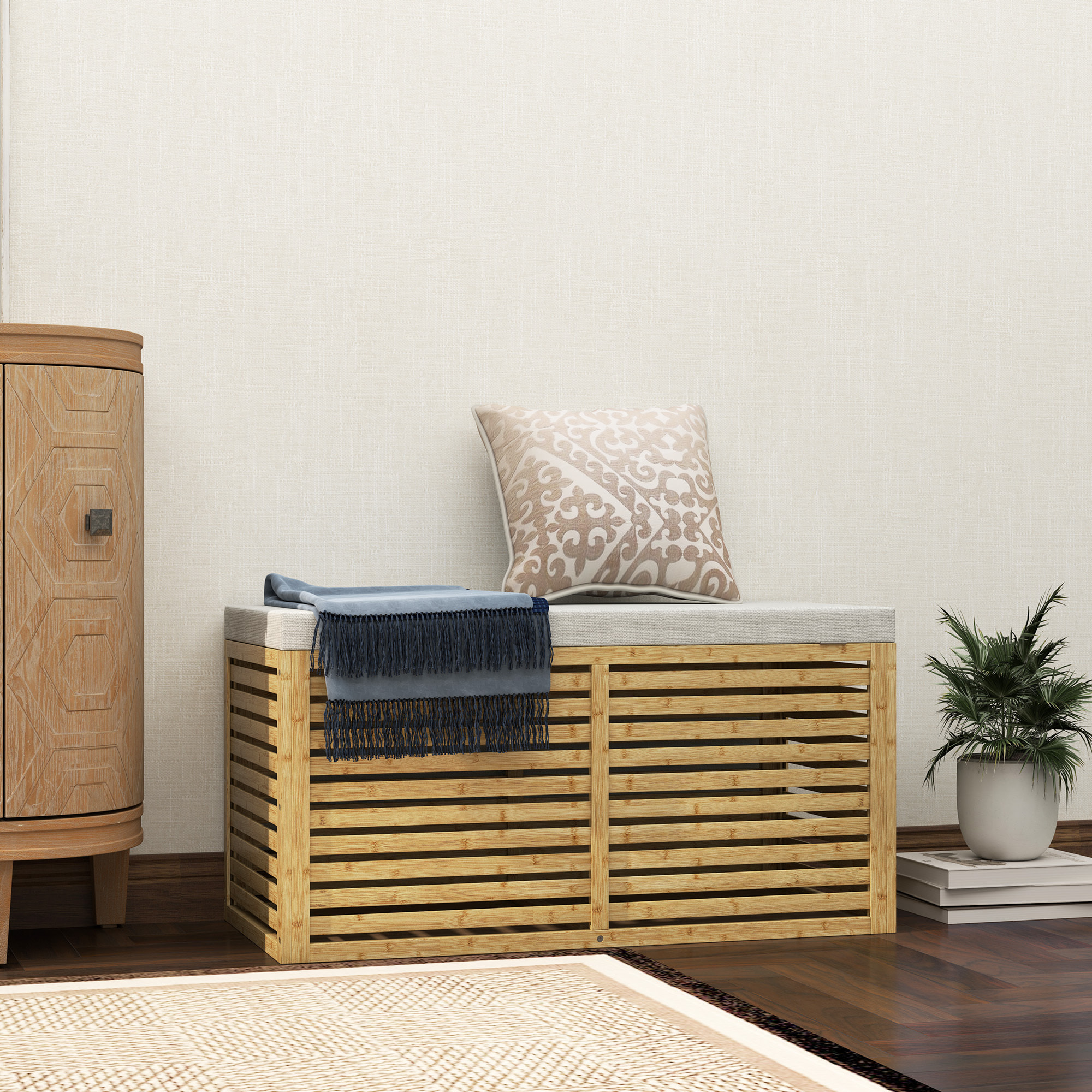 Baúl de Almacenaje para Dormitorio 122L Taburete de Almacenaje Tapizado en Lino Sintético con Cojín Marco de Bambú para Entrada Salón 90x42x43 cm Gris y Natural
