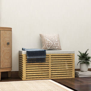 Baúl de Almacenaje para Dormitorio 122L Taburete de Almacenaje Tapizado en Lino Sintético con Cojín Marco de Bambú para Entrada Salón 90x42x43 cm Gris y Natural