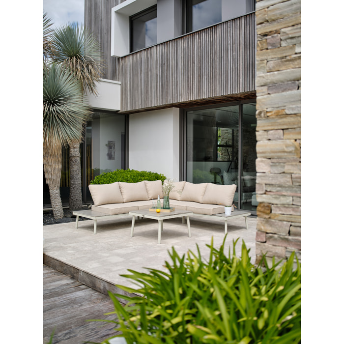 OSAKA - Salon de jardin d'angle 5 pl en alu et alu aspect boisé