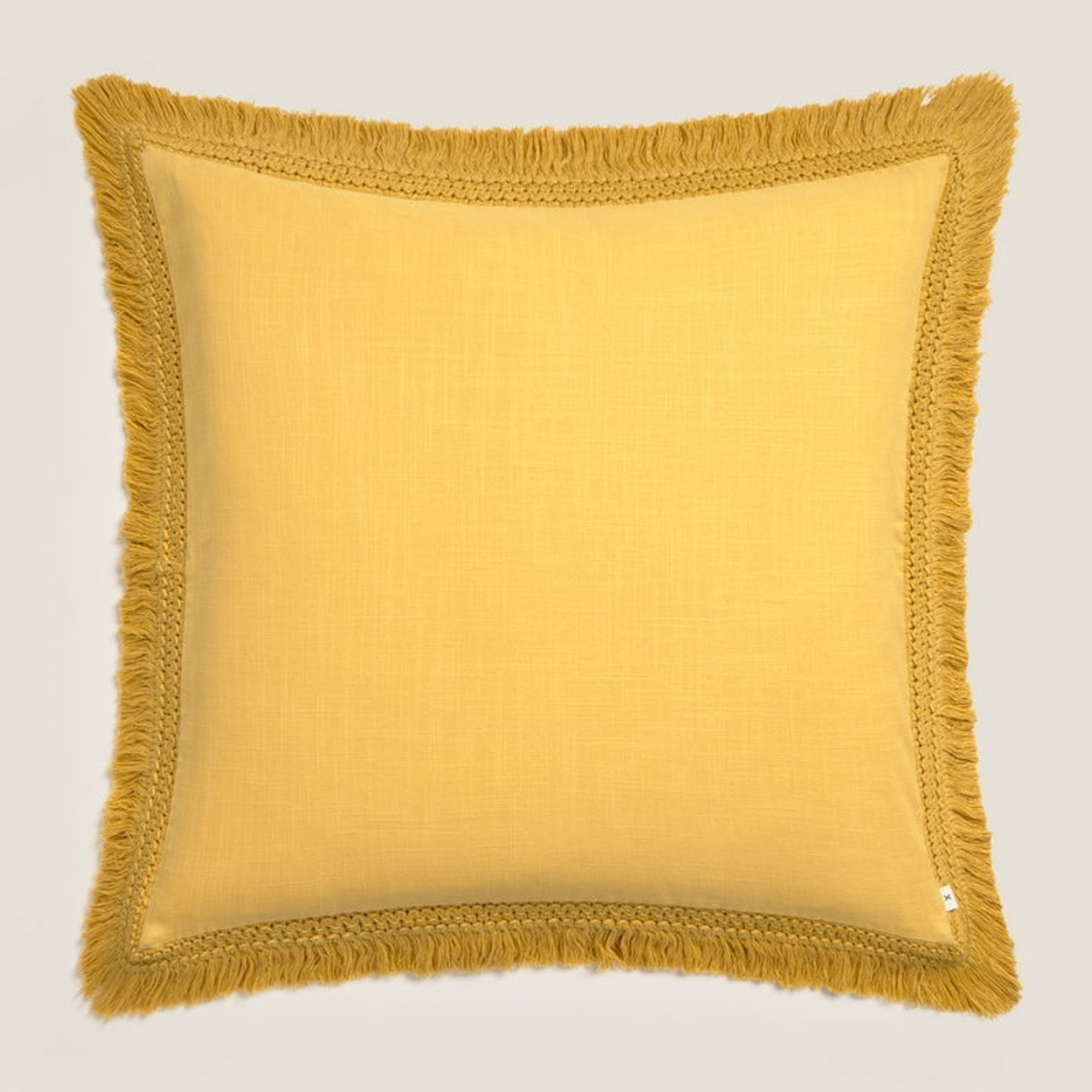 Funda de cojín algodón flecos Cherflec color amarillo 100% Algodón