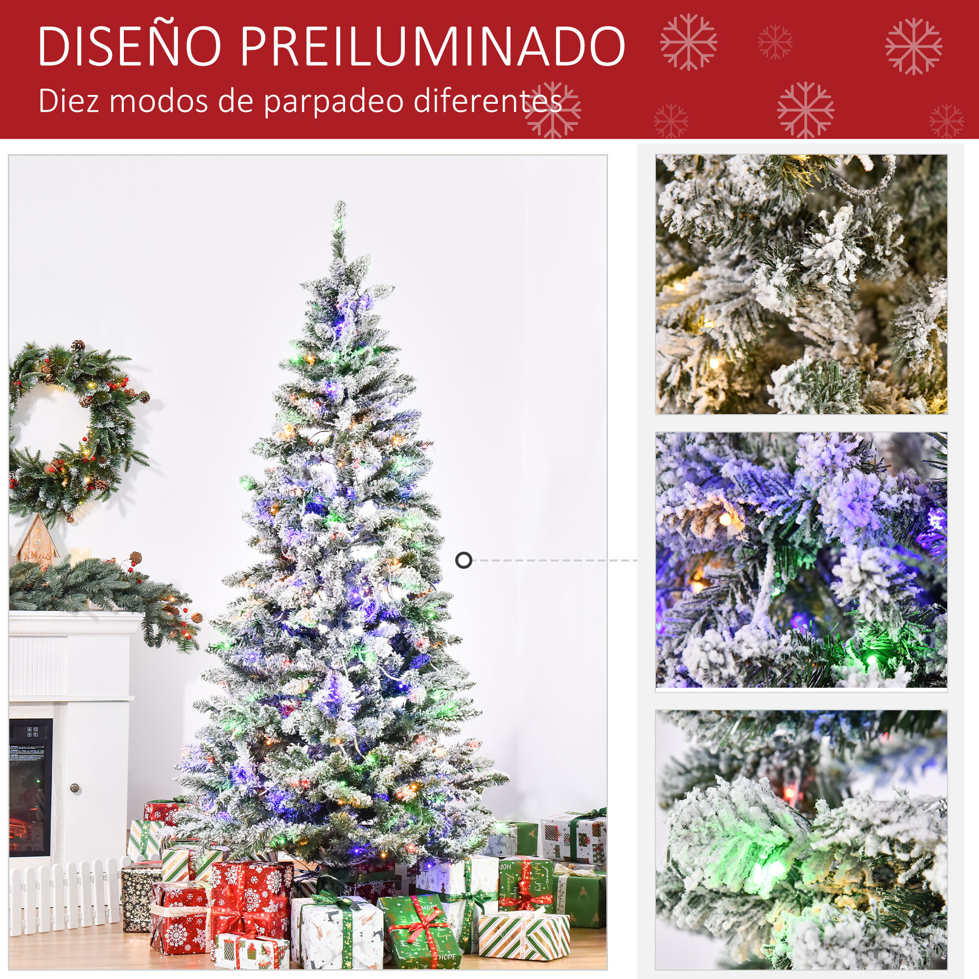 Árbol de Navidad Artificial con 250 Luces LED 210 cm Árbol Nevado con 829 Ramas y Base Plegable de Metal Decoración Navideña para Interiores Ø112x210 cm Verde