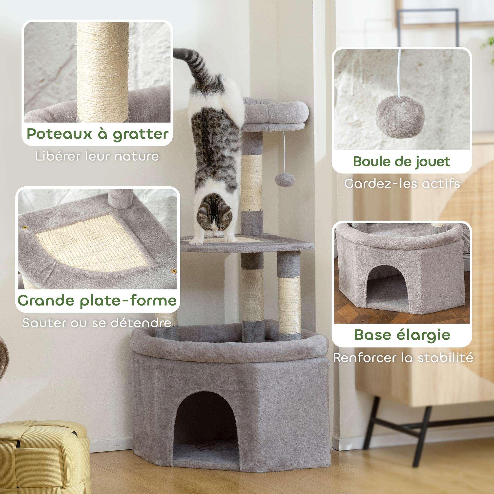 Arbre à chat d'angle H.114cm griffoirs grattoir grande niche plateformes gris