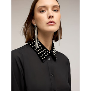 Motivi - Vestido en georgette con cuello bordado - Negro