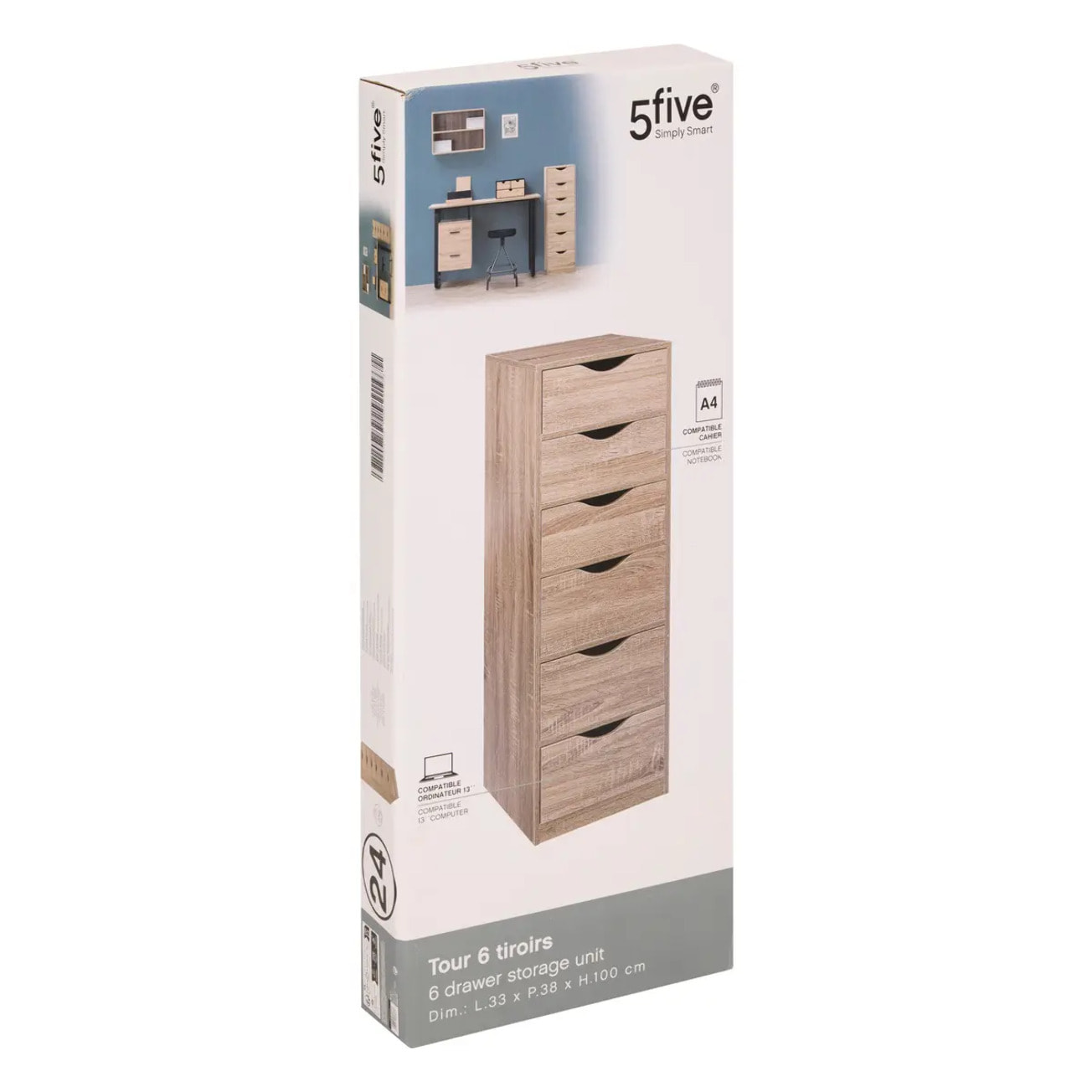 Caisson 6 tiroirs Effet bois naturel