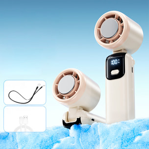 Mini ventilador de mano recargable con 5 velocidades principales y panel refrigerador.