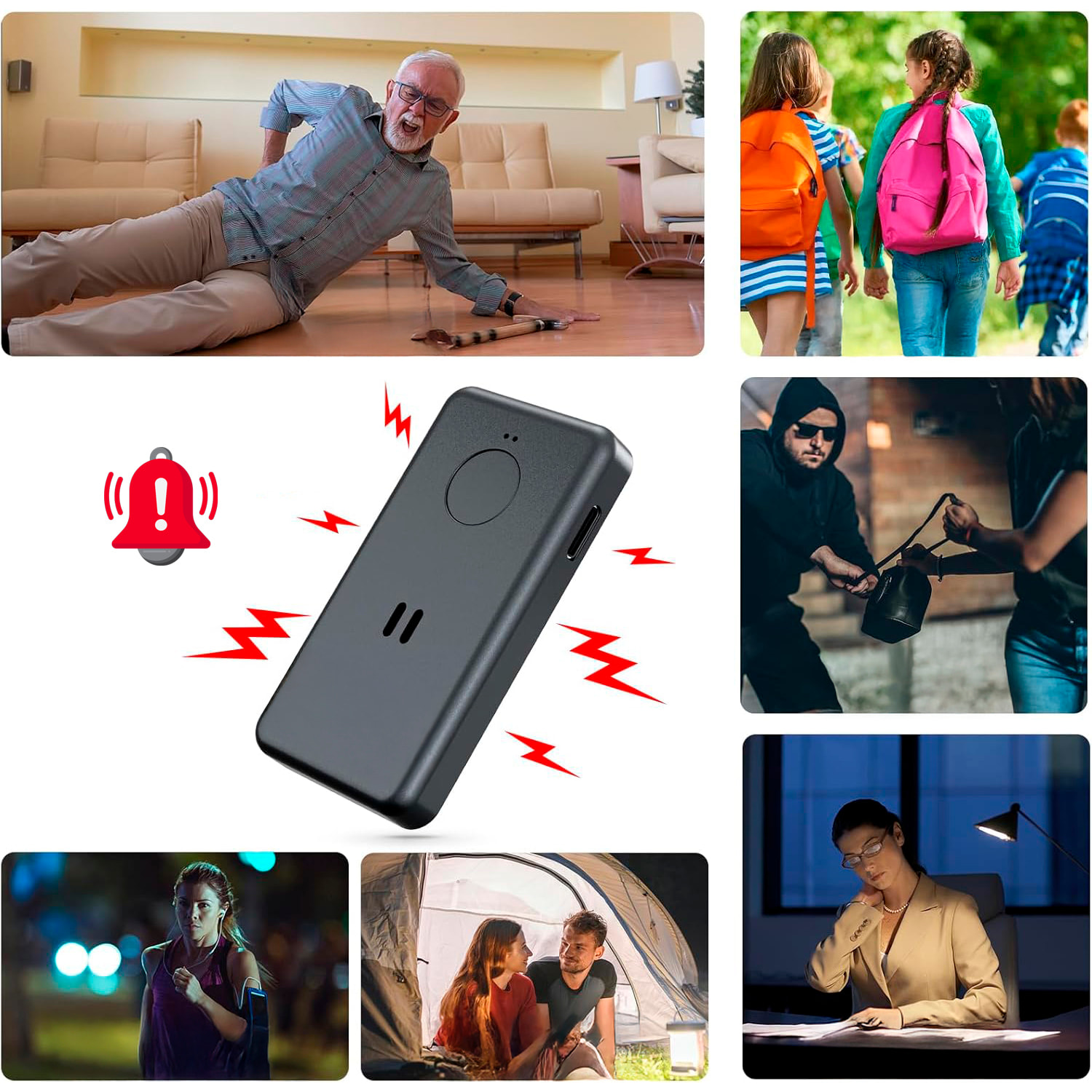 Allarme SOS personale con un suono di 130dB. Batteria ricaricabile con fino a 90 minuti di suono continuo.