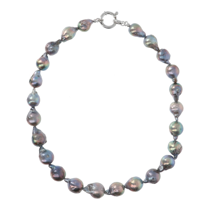 PERLAVIVA - Collana Girocollo in Argento 925 placcato Oro Bianco 18Kt con Perle Grigie d'Acqua Dolce Ø 12/13 mm
