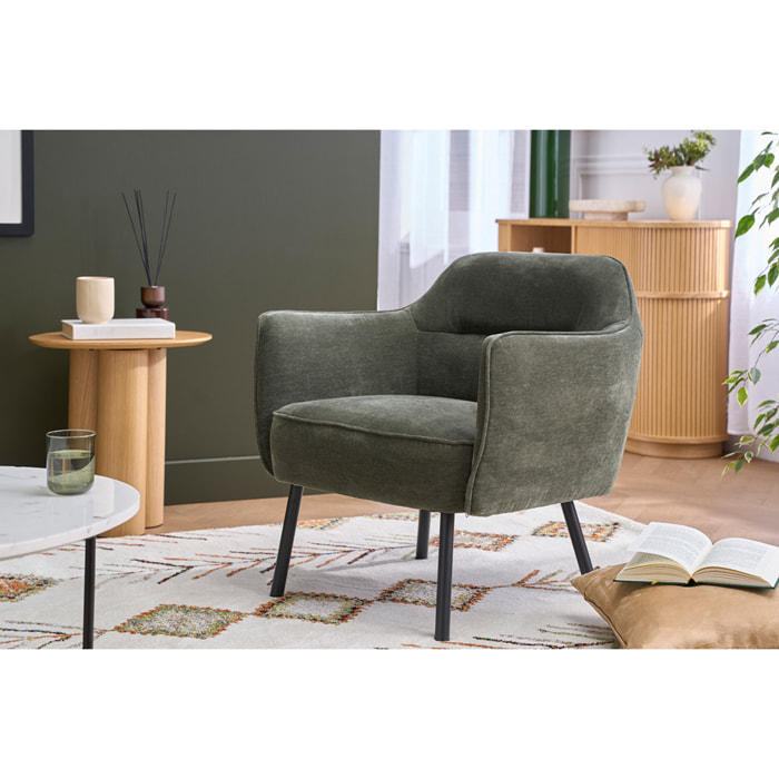 Fauteuil design en tissu effet velours vert kaki et métal noir LAURENS