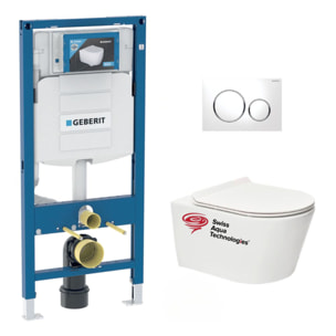 Pack WC sans bride Brevis, fixations invisibles + Abattant slim softclose + Bâti Geberit UP320 + Plaque blanc/chromé