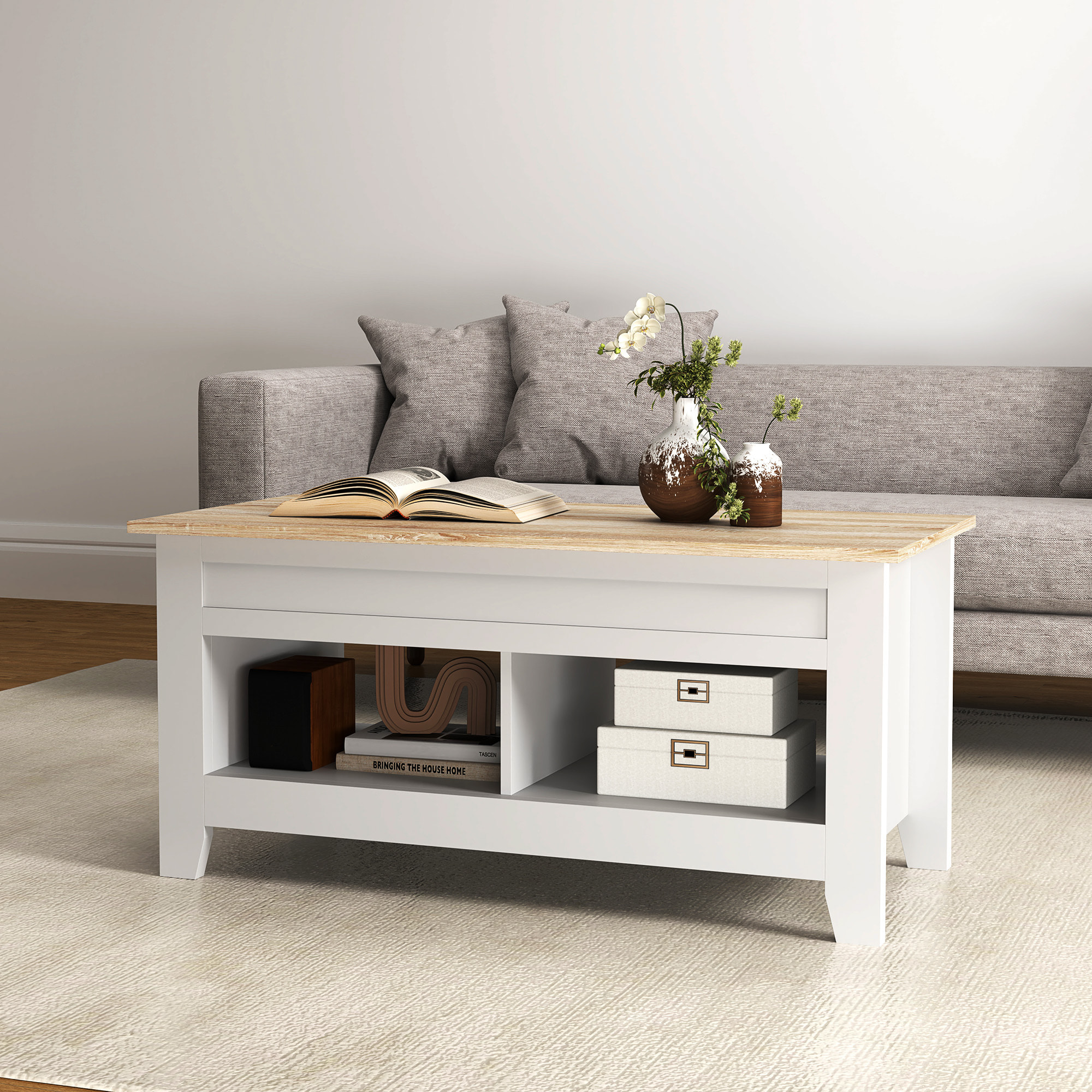 Mesa de Centro Elevable Mesa de Café con Encimera Elevable 2 Compartimentos Abiertos y Espacio Oculto de Almacenaje 105x50x49 cm Blanco y Natural