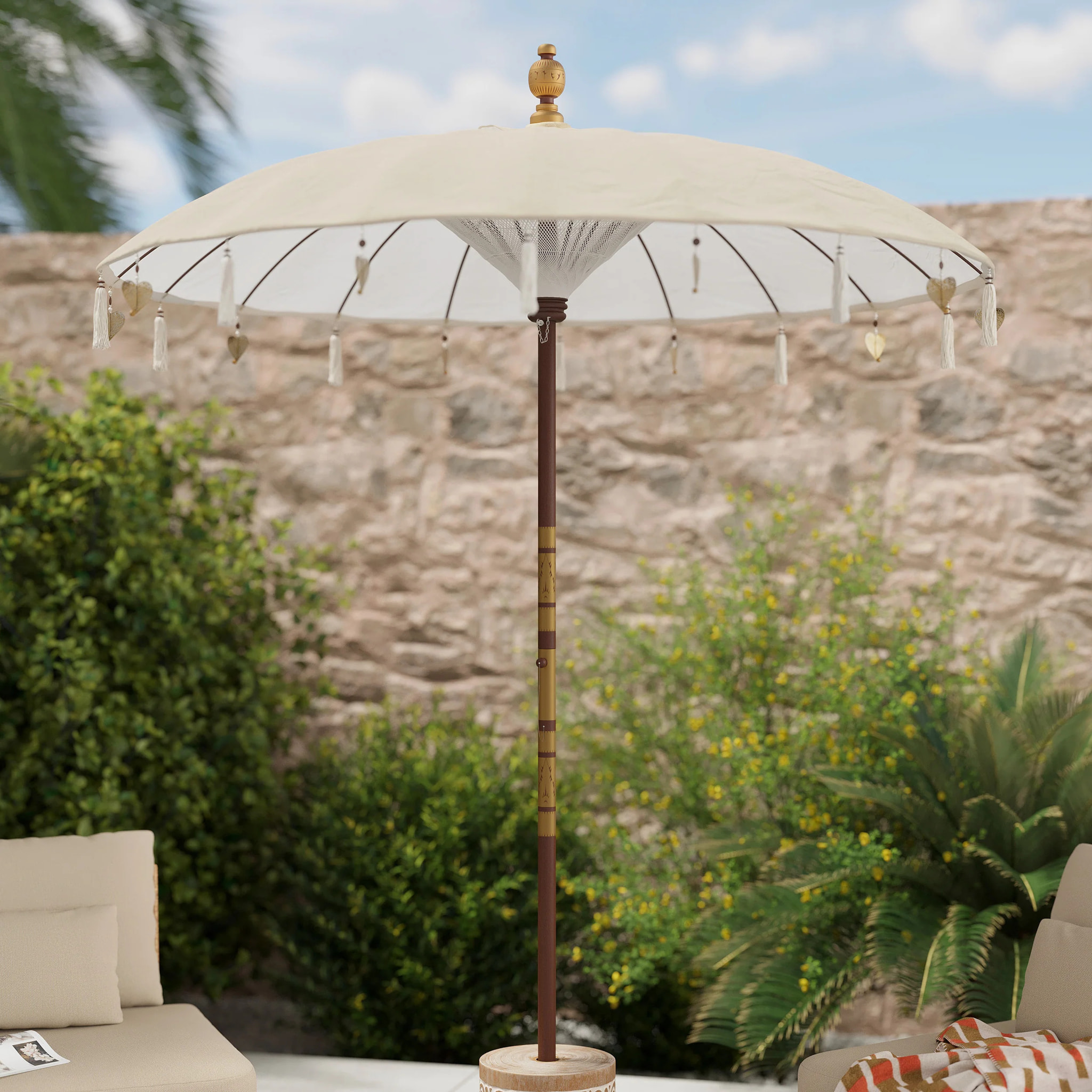 Parasol en bois de cocotier et tissu crème - Ali