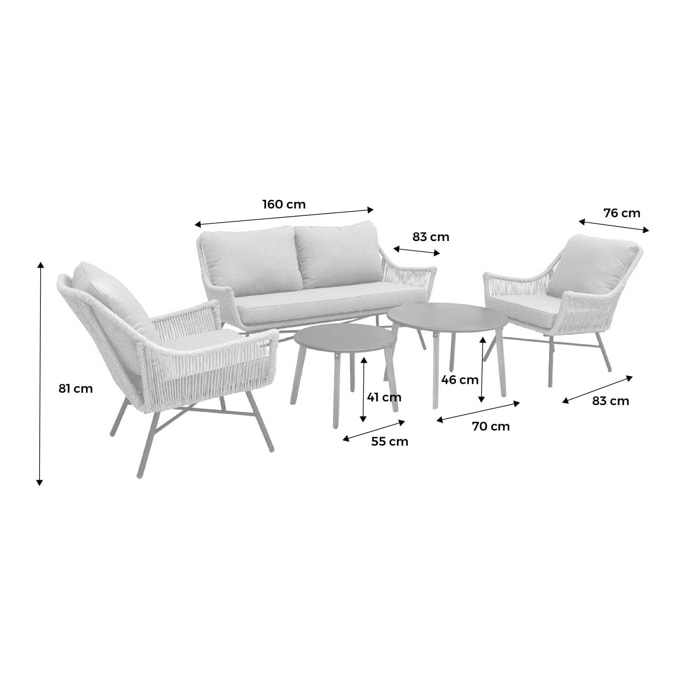 Salon de jardin bas 4 places KUTA – Ensemble canapé 2 places et 2 fauteuils avec 2 tables gigognes. résine tressée effet corde. coussins gris clair chiné