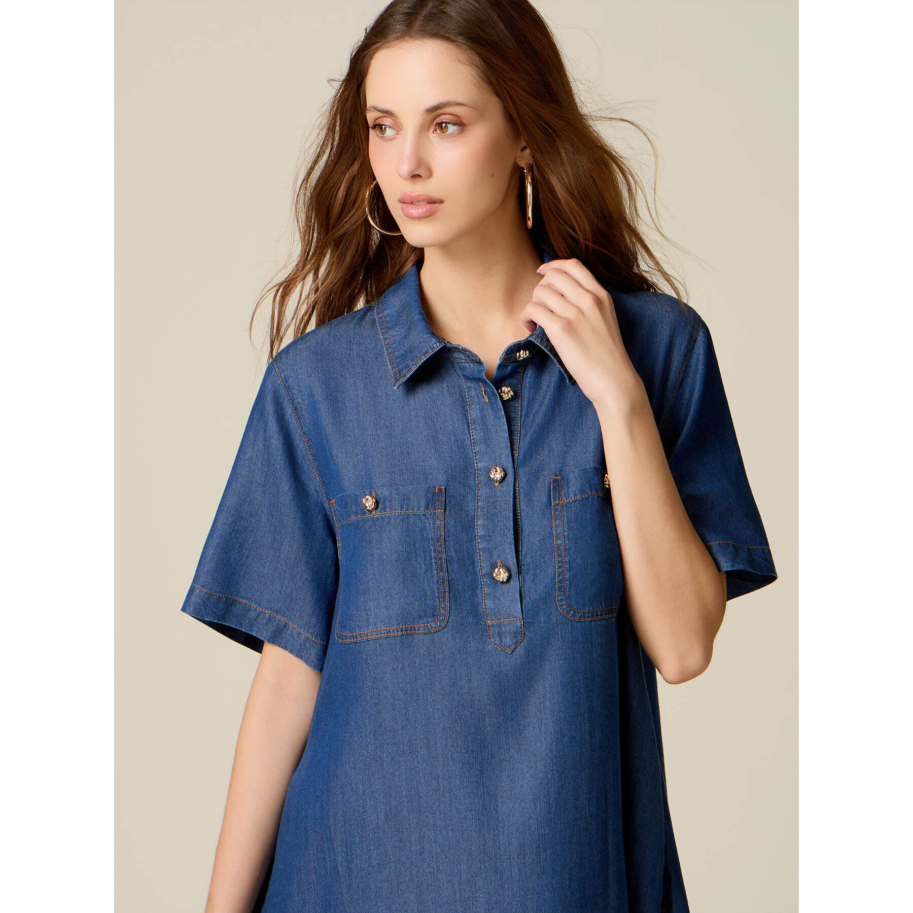 Oltre - Vestito chemisier corto in tencel effetto denim - Blu