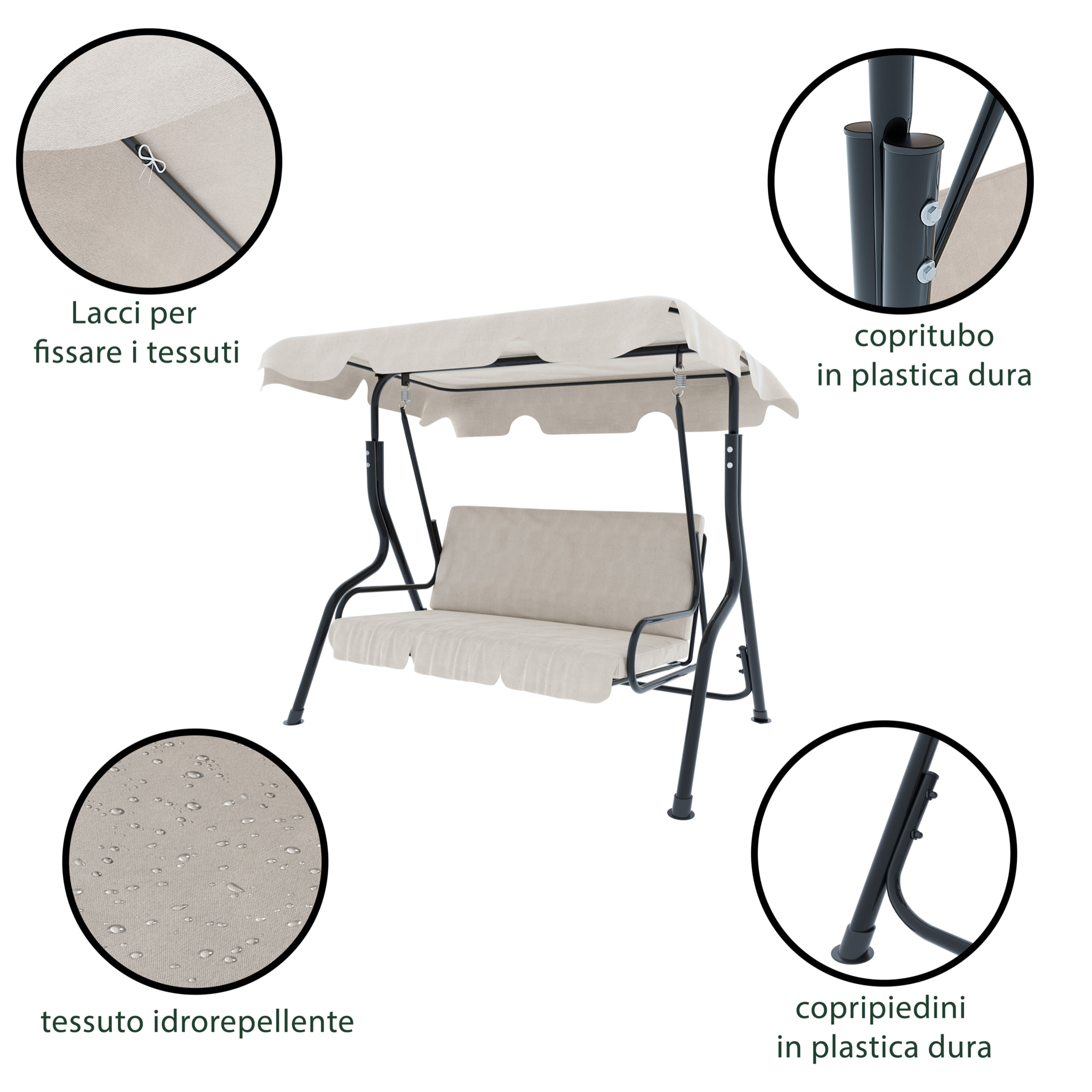 Dondolo 3 Posti Algarve Con Tettuccio Parasole Regolabile Cuscini Imbottiti Struttura Robusta In Acciaio Da Giardino 170 x 110 x 153 cm Beige