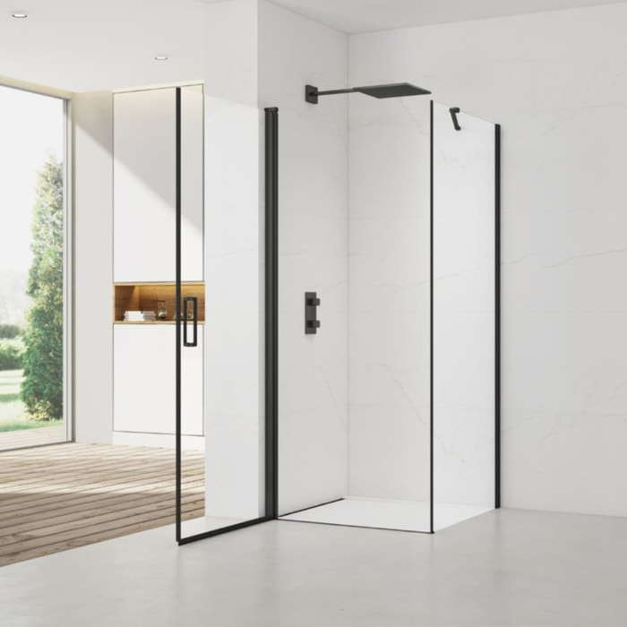 Fusion ensemble porte pivotante /paroi 90x90cm anticalcaire avec profilés noir mat (SATFUD90S90C-SET)