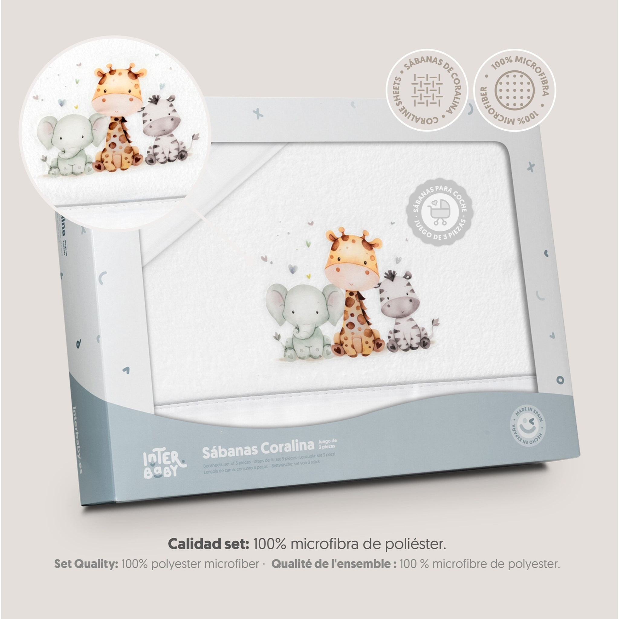 Juego de Sábanas de Coche Coralina Estampado Jirafa Elefante