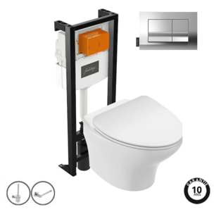 Pack WC suspendu sans bride compact Nouvelle vague+ bâti-support + plaque Chrome + accessoires