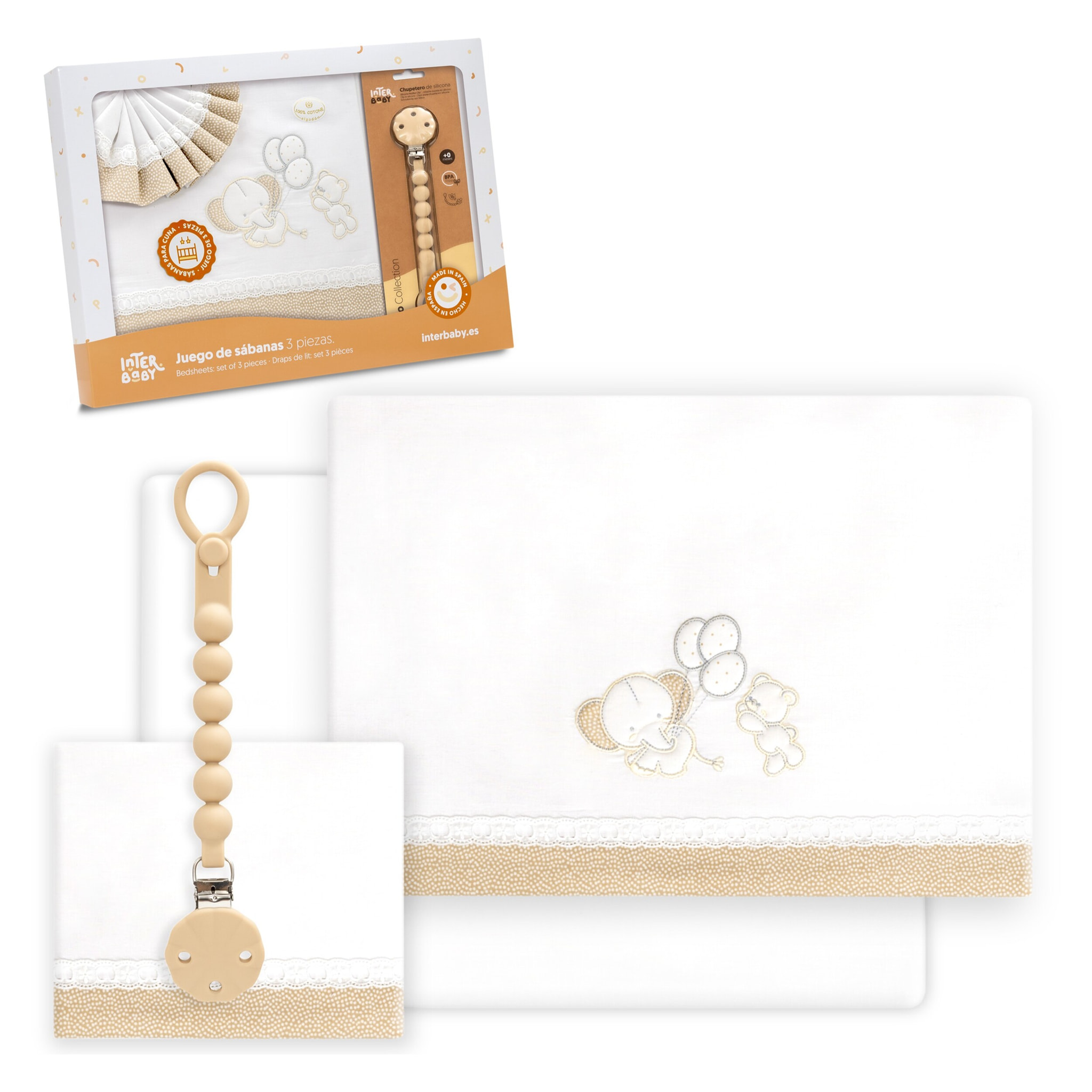Triptico Cuna Pasacinta Oso Elefante Globos +Broche Bco/Beig