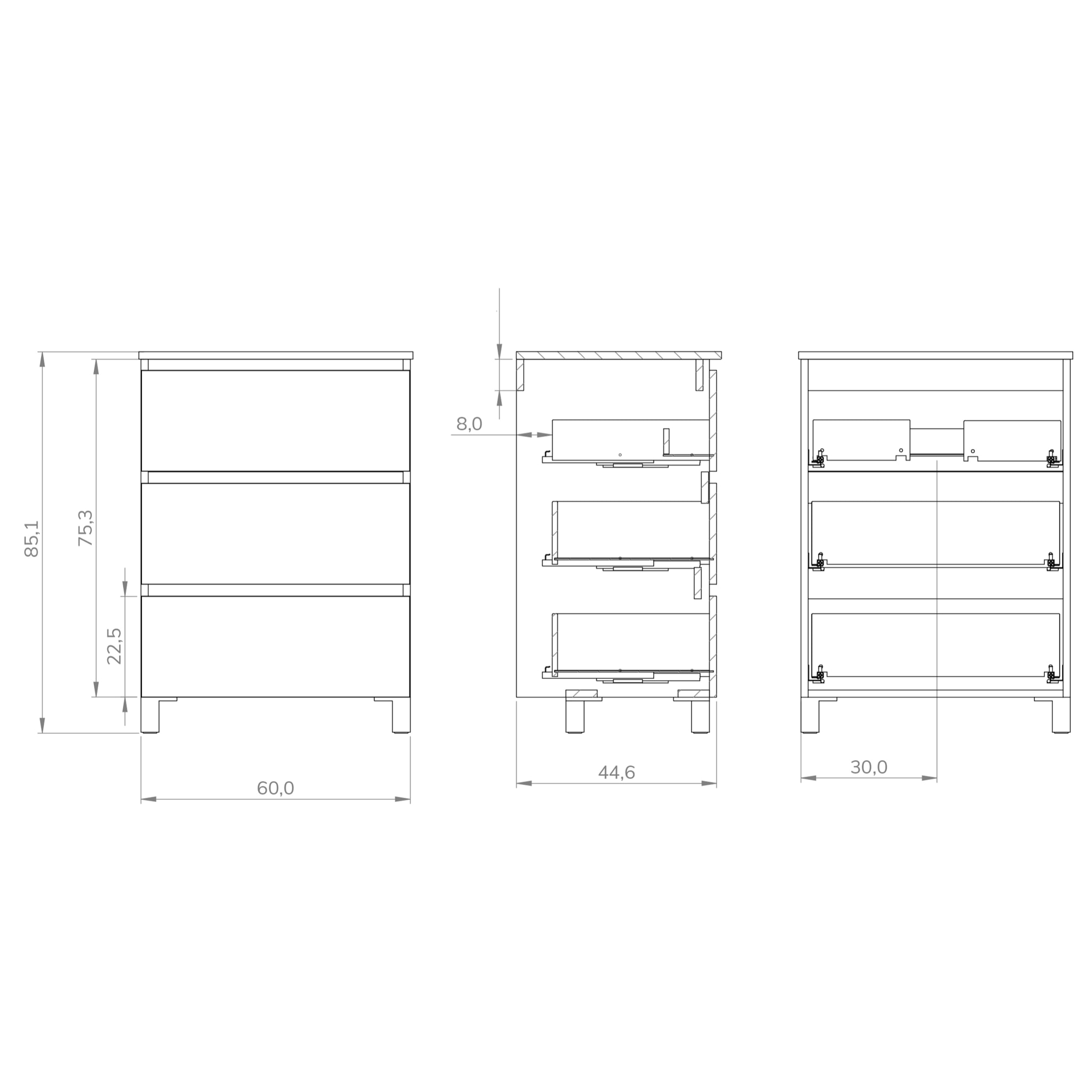 Conjunto de baño Wink | 60 cm Gris Mate | Tres cajones | Lavabo encastrado | No incluye espejo | Mueble montado | Alday