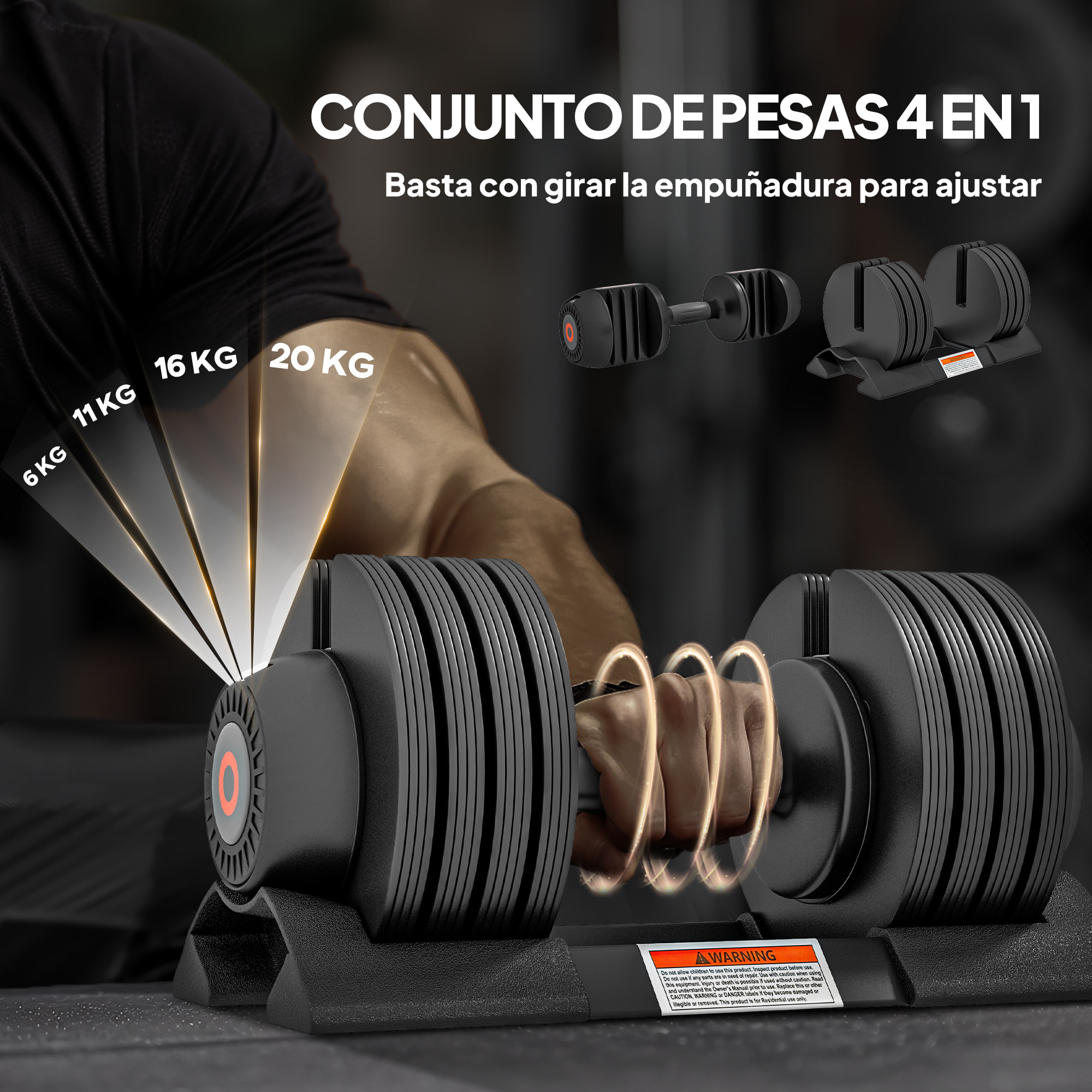 Mancuerna Ajustable 4 en 1 20 kg, Pesas y Mancuernas, Ajuste Rápido de Peso, con Base de Almacenamiento y Mango Antideslizante, para Entrenamiento en Casa Gimnasio