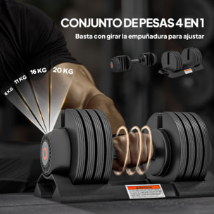 Mancuerna Ajustable 4 en 1 20 kg, Pesas y Mancuernas, Ajuste Rápido de Peso, con Base de Almacenamiento y Mango Antideslizante, para Entrenamiento en Casa Gimnasio