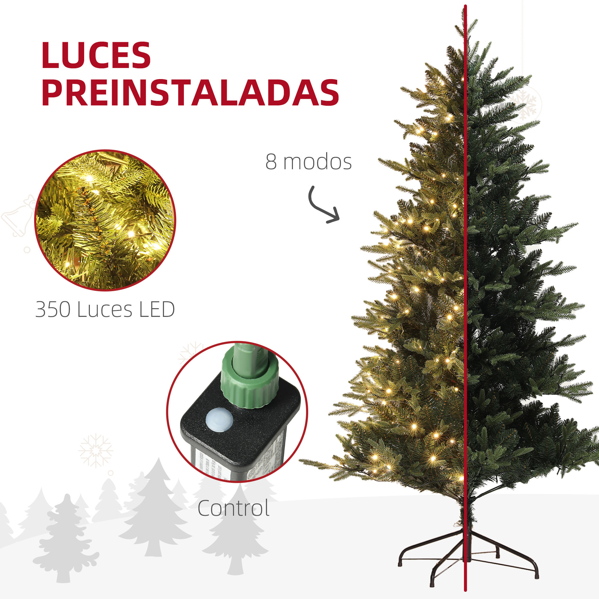 Árbol de Navidad 180 cm Árbol de Navidad Artificial con 350 Luces LED 726 Ramas y Soporte de Acero Árbol Navideño para Salón Interior Verde