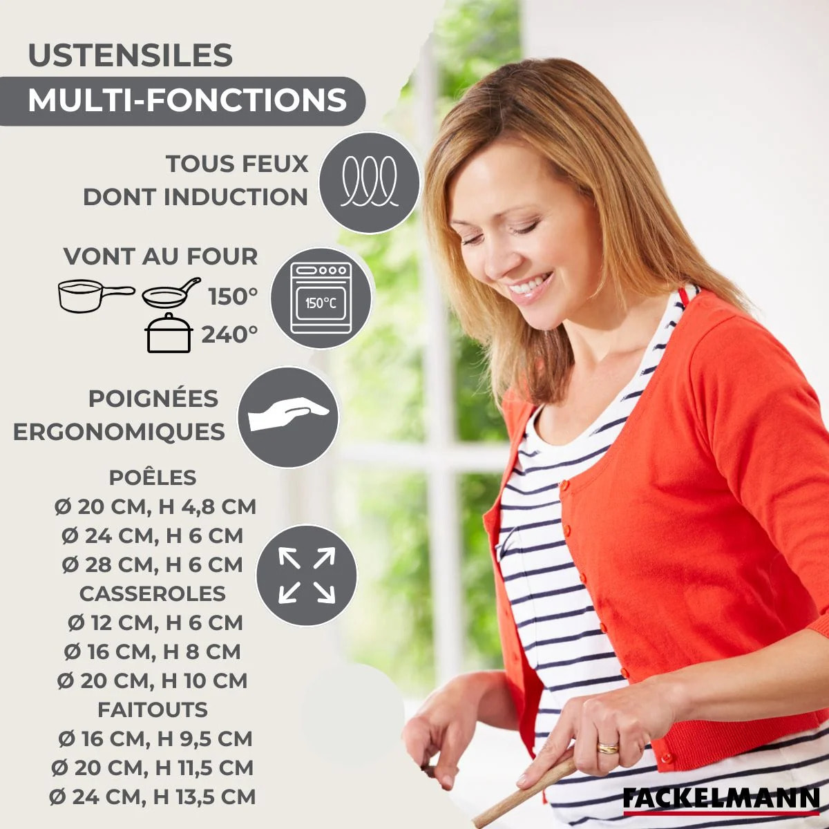 Batterie de 3 poêles 20/24/28 cm, 3 casseroles 12/16/20 cm, 3 faitouts 16/20/24 cm, 6 ustensiles Fackelmann Geneva
