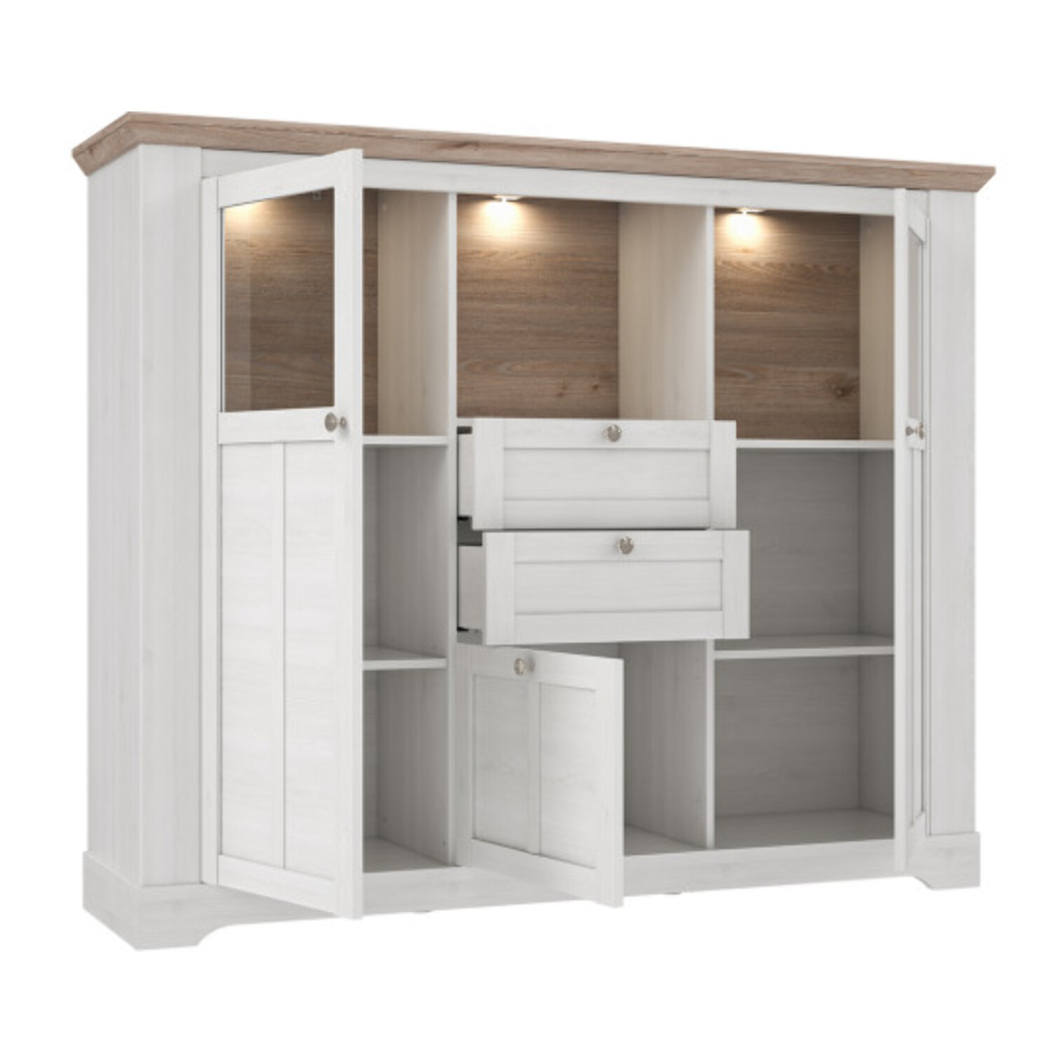 Buffet vitrine en bois effet chêne clair blanchi avec éclairage LED - ILONA