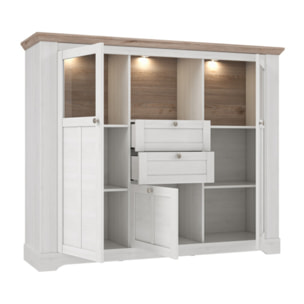 Buffet vitrine en bois effet chêne clair blanchi avec éclairage LED - ILONA