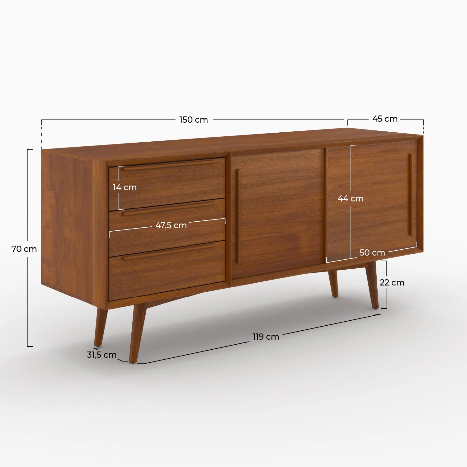 Buffet 2 portes coulissantes et 3 tiroirs en teck - Waya
