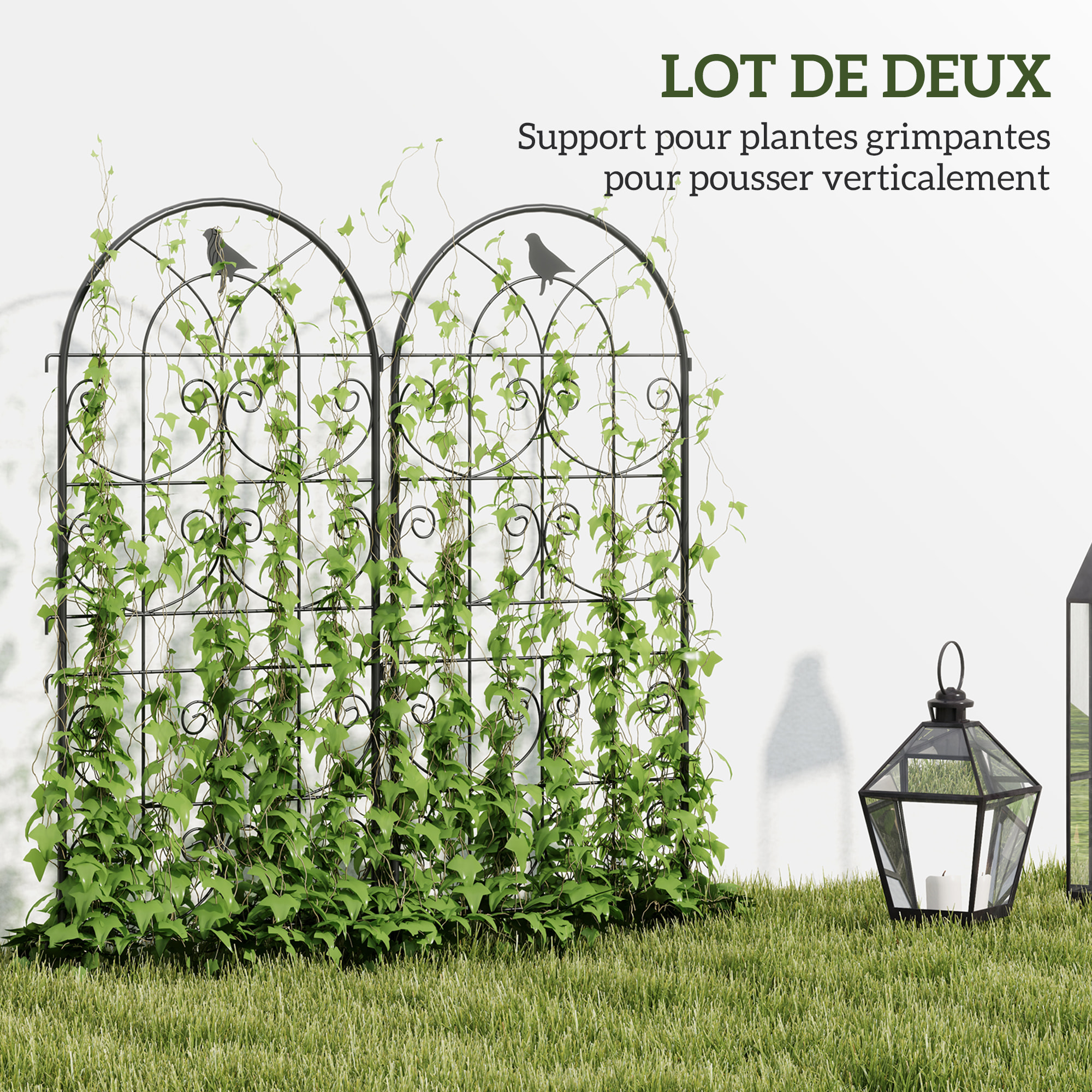 Treillis de jardin effet fer forgé oiseau - 2 supports plantes grimpantes - 50 x 120 cm - métal époxy noir