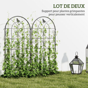 Treillis de jardin effet fer forgé oiseau - 2 supports plantes grimpantes - 50 x 120 cm - métal époxy noir