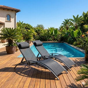 ANTIBES Lot de 2 transats empilables et ajustables en alu noir