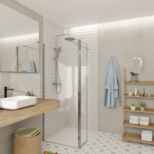 Walk-in 80x200cm Paroi et retour pivotant en verre Crystal Glass® 8 mm anticalcaire , avec bras et profilés chrome brillant