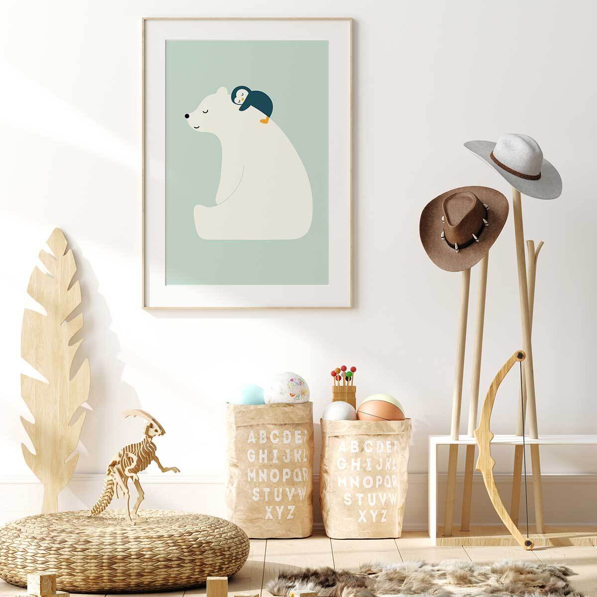 Affiche enfant calin polaire  Affiche + cadre en bois - Chêne