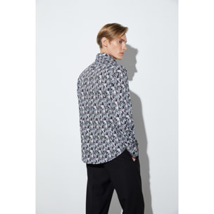 Camicia Uomo 1 Bottoni Button Down Slim Popeline Stampato Nero/Bianco