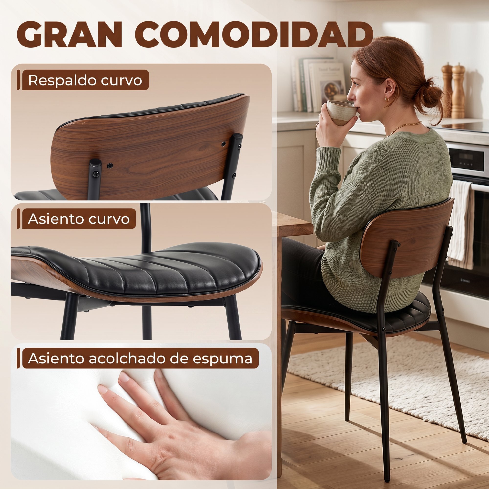 Pack de 2 Sillas de Comedor, Sillas de Cocina Modernas, Tapizadas de Cuero Sintético, Respaldo Curvo, Asiento Acolchado, Estructura de Madera Curvada y Patas Metálicas, Negro y Marrón