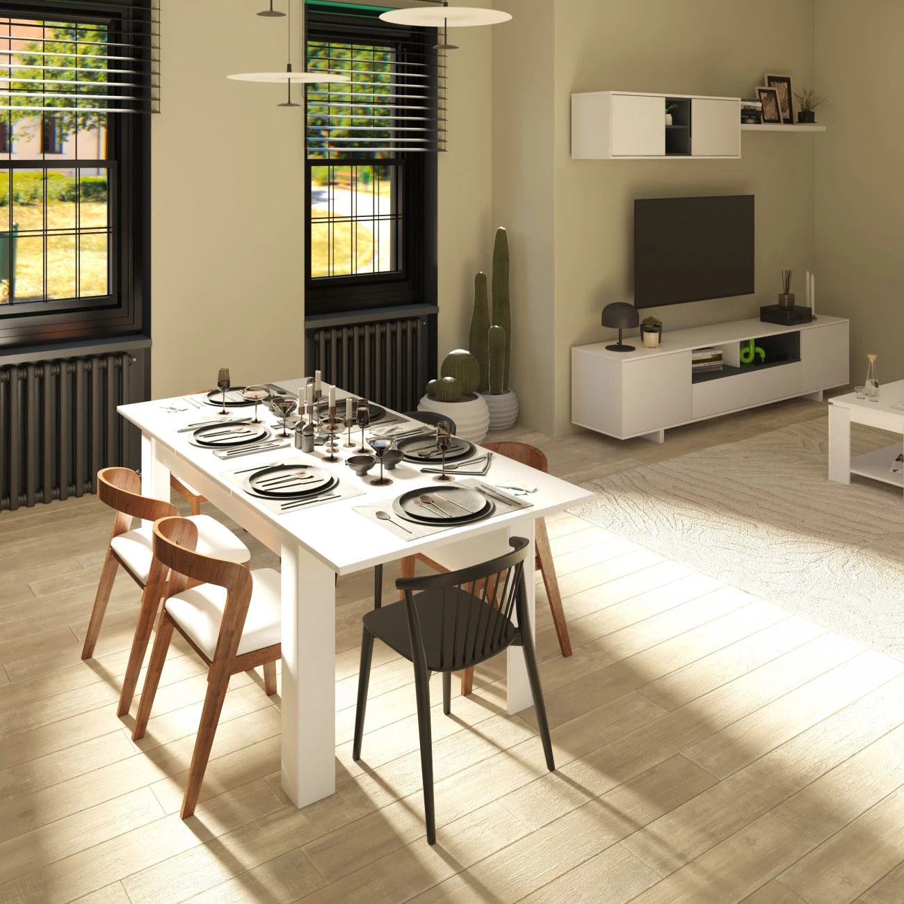 Pack salón con mesa de comedor Kenzo Plus VB Blanco Brillo - Gris Antracita