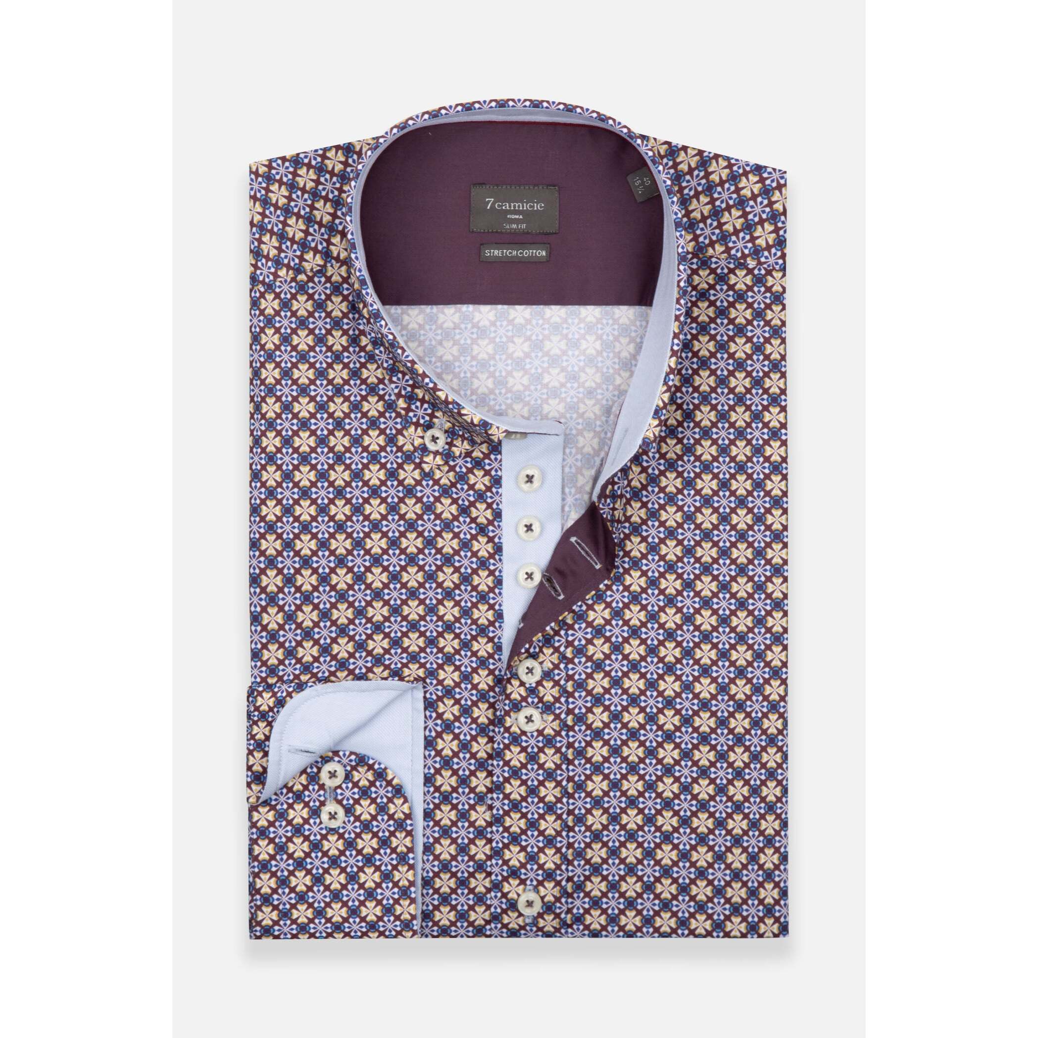 Camicia Uomo 1 Bottoni Button Down Slim Popeline Stretch Stampato Viola Melanzana/Bianco