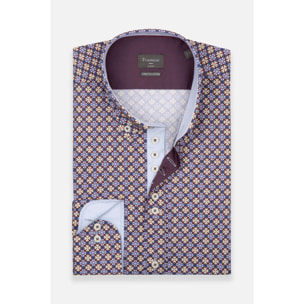 Camicia Uomo 1 Bottoni Button Down Slim Popeline Stretch Stampato Viola Melanzana/Bianco
