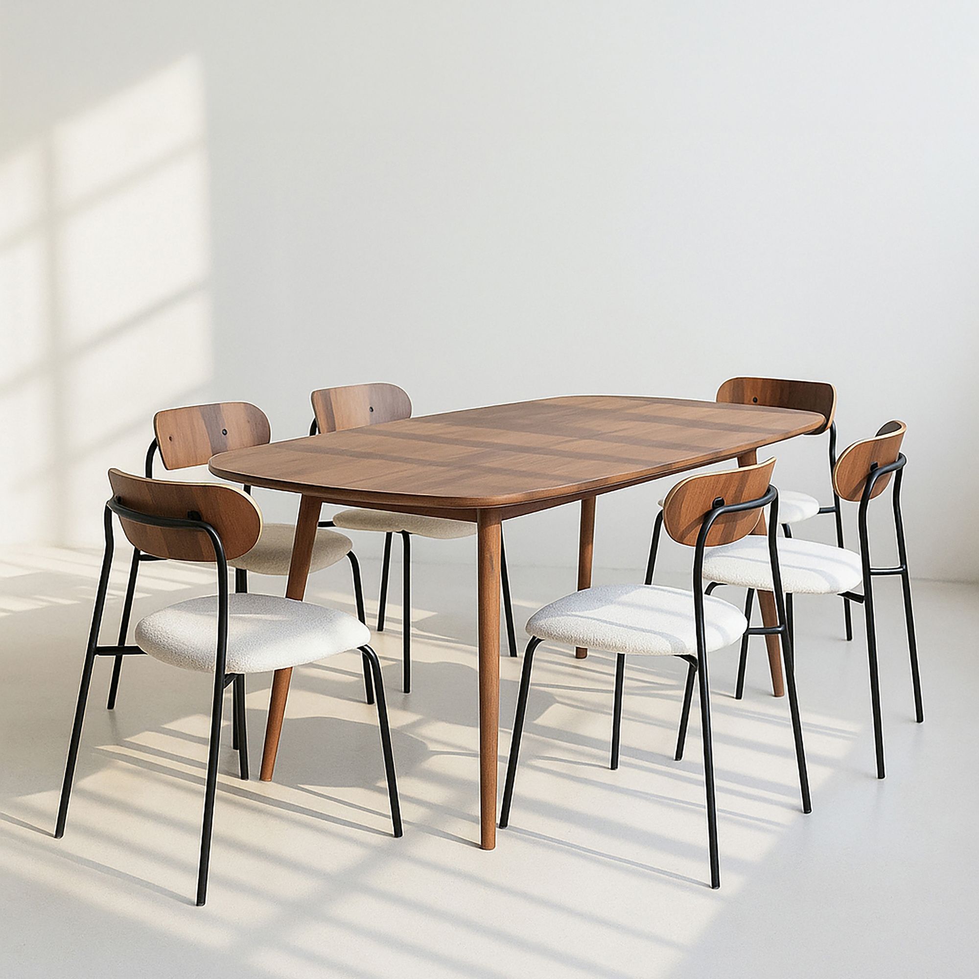 Ensemble table rectangulaire effet bois et 6 chaises écru