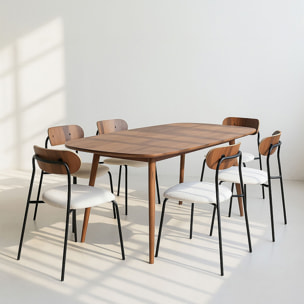 Ensemble table rectangulaire effet bois et 6 chaises écru