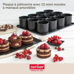 Set pâtisserie avec plaque à 12 mini moules ronds 38 x 30 cm en acier, 2 bols à mixer, verre mesureur et spatule Zenker