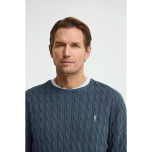 Maglione blu denim in filo a trecce e logo Rigby Go
