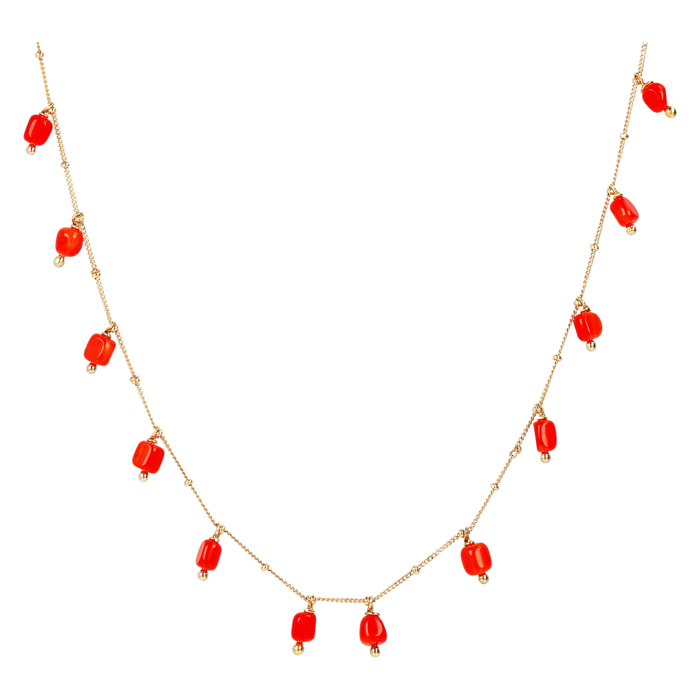 Collana Lunga Rosario con Ciondoli Tondi in Pietra Naturale Corallo Bambù Rosso