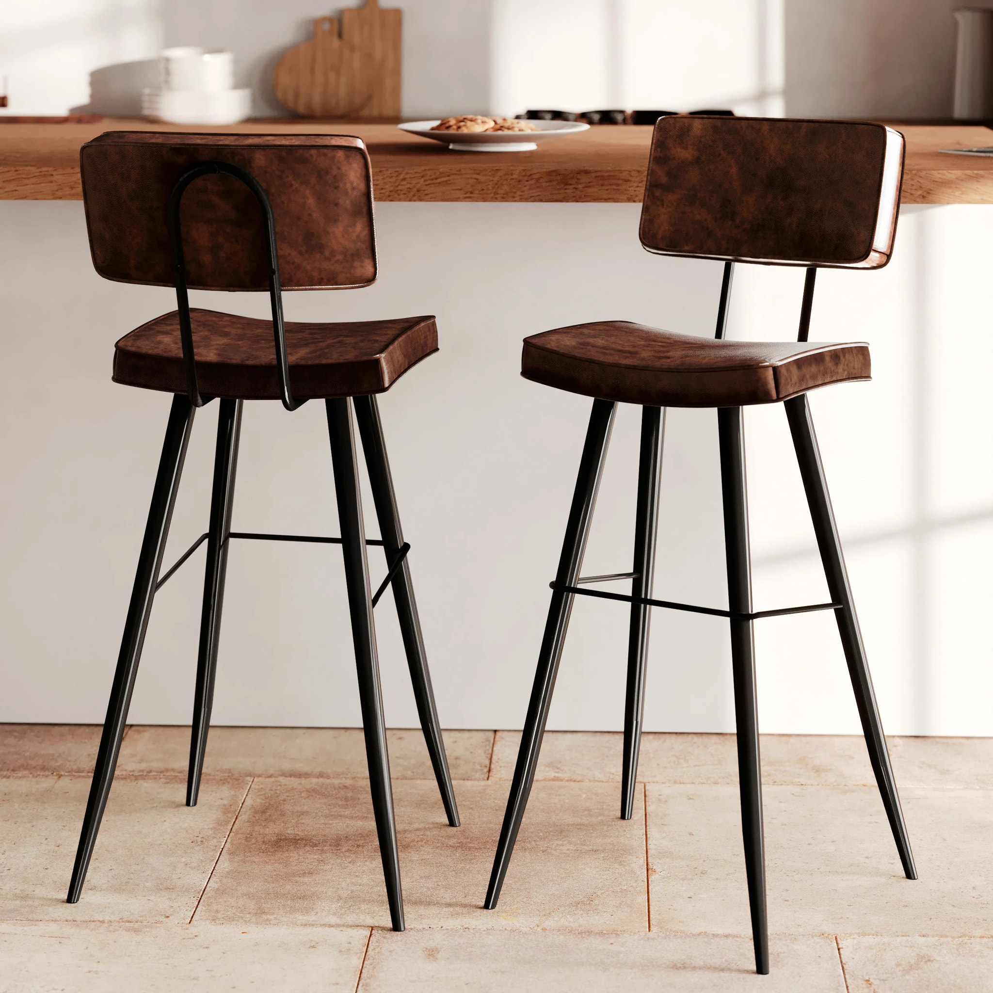 Lot de 2 chaises de bar marron en cuir synthétique 75.5 cm - Texas