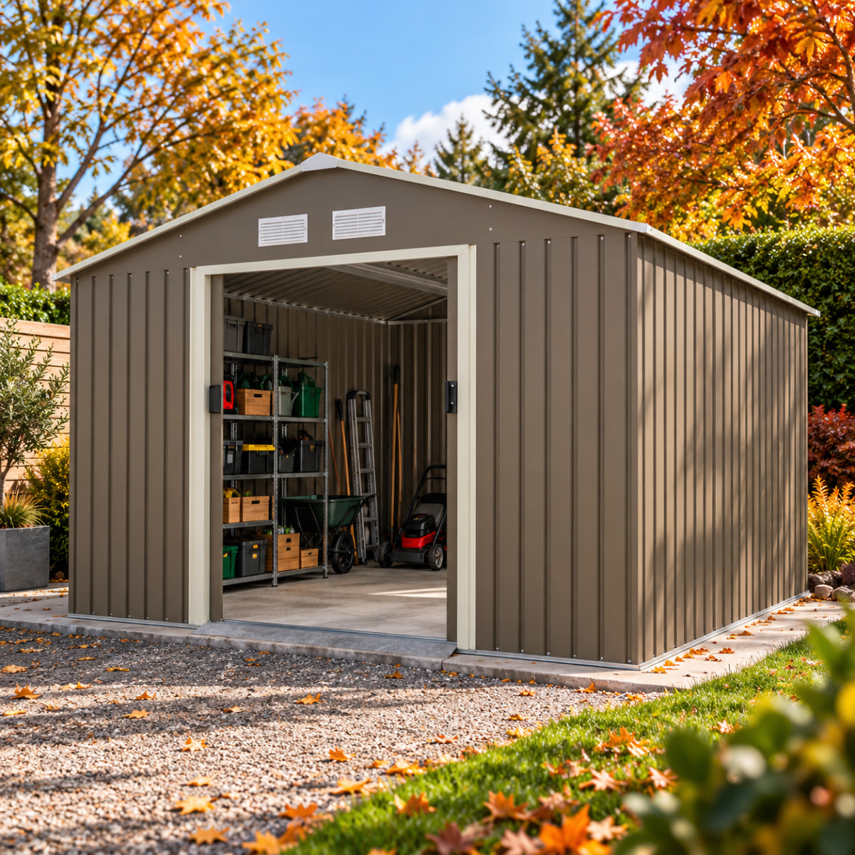 Abri de jardin métal gris/vert 9,05 m² + kit d'ancrage